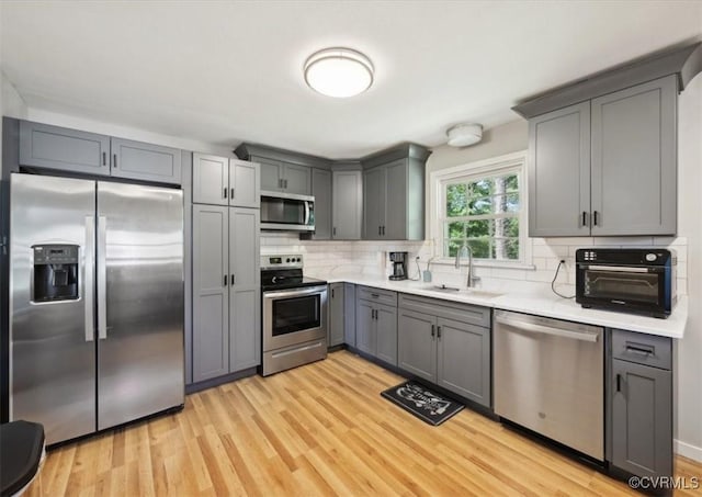 112 Webster Rd, Sandston, VA 23150 - kitchen with appliances with stainless steel finishes, a sink, gray cabinets, tasteful backsplash, and light countertops