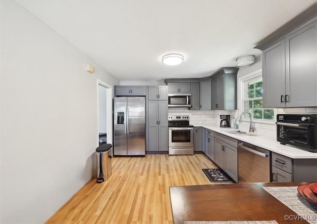 112 Webster Rd, Sandston, VA 23150 - kitchen featuring stainless steel appliances, a sink, gray cabinetry, backsplash, and light wood-type flooring