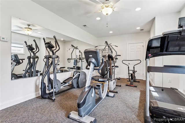 exercise room featuring a ceiling fan, visible vents, baseboards, carpet flooring, and recessed lighting