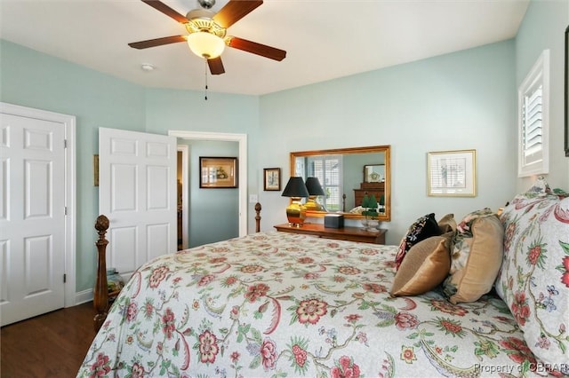 bedroom with ceiling fan and wood finished floors