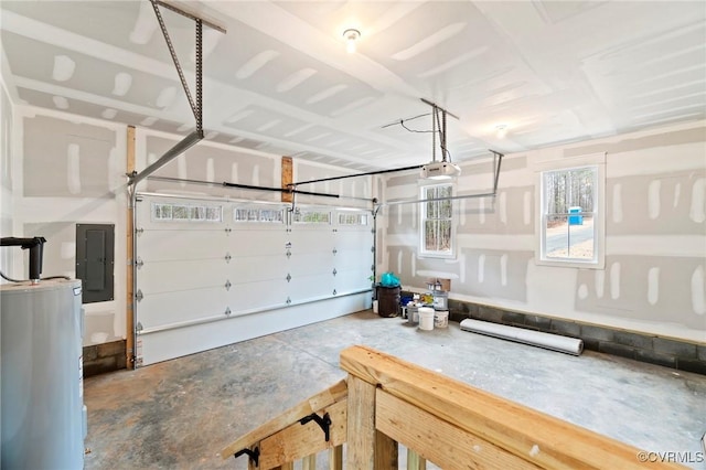 garage with a garage door opener, water heater, and electric panel