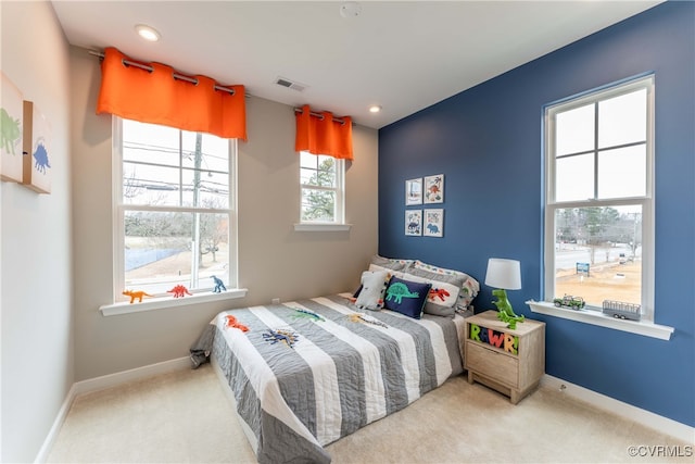 bedroom featuring carpet flooring, recessed lighting, baseboards, and visible vents