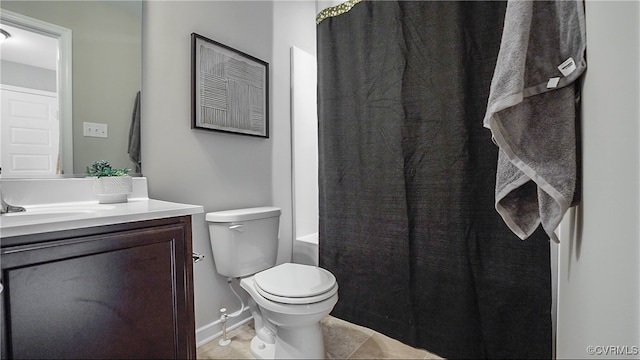 bathroom featuring toilet, shower / bathtub combination with curtain, and vanity