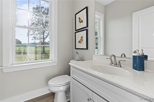 bathroom featuring vanity, baseboards, wood finished floors, and toilet