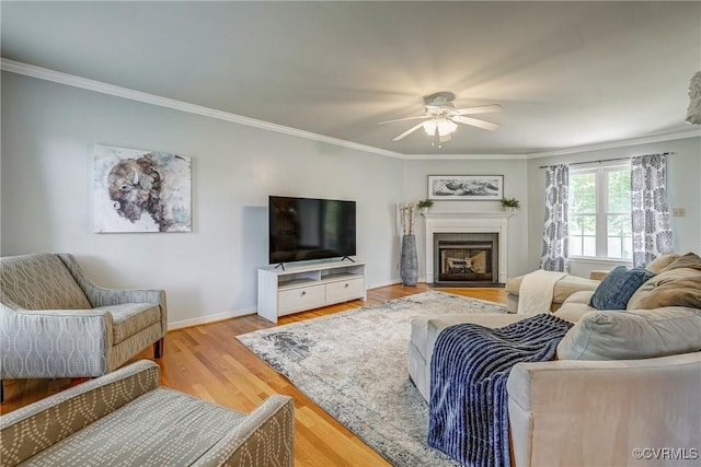 living area featuring a ceiling fan, ornamental molding, a fireplace, and wood finished floors