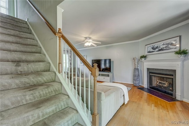 stairway featuring baseboards, ornamental molding, ceiling fan, a fireplace with flush hearth, and wood finished floors