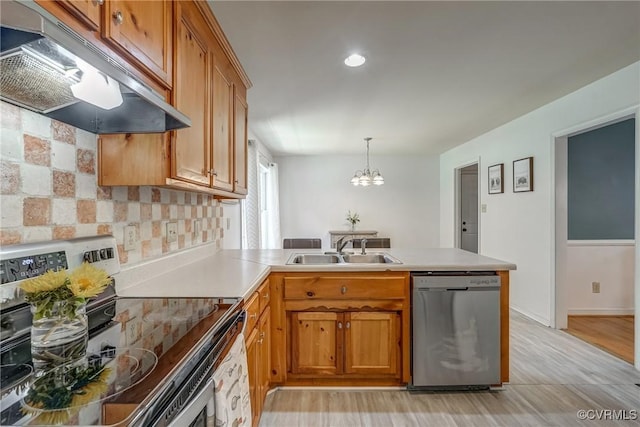 kitchen with a sink, a peninsula, stainless steel appliances, brown cabinetry, and under cabinet range hood