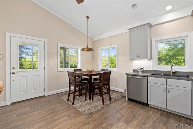 12421 Campbell Rd, Orange, VA 22960 - dining space featuring baseboards, ornamental molding, vaulted ceiling, and dark wood-style floors