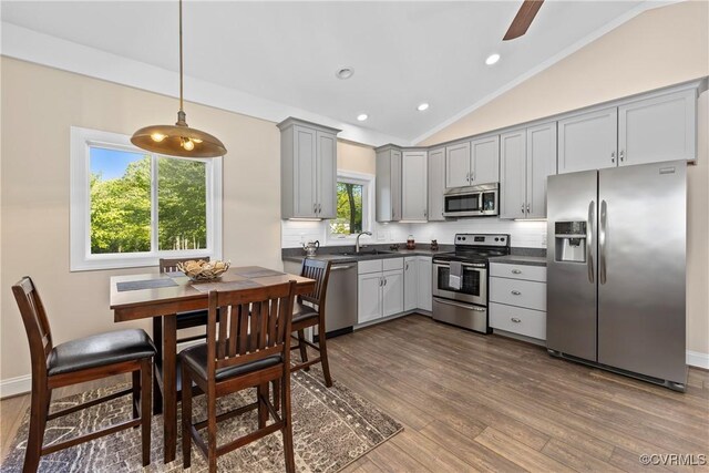 12421 Campbell Rd, Orange, VA 22960 - kitchen with a sink, dark countertops, stainless steel appliances, and dark wood finished floors