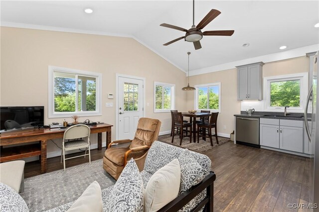 12421 Campbell Rd, Orange, VA 22960 - living area with recessed lighting, ceiling fan, lofted ceiling, and dark wood-type flooring