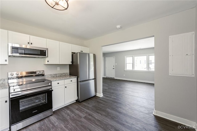 kitchen featuring dark wood-style flooring, baseboards, white cabinetry, electric panel, and appliances with stainless steel finishes