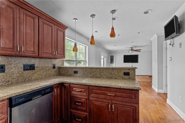 kitchen with stainless steel dishwasher, a peninsula, light wood-style flooring, a ceiling fan, and tasteful backsplash