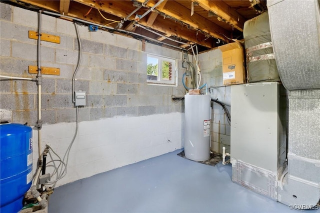 basement with heating unit and water heater