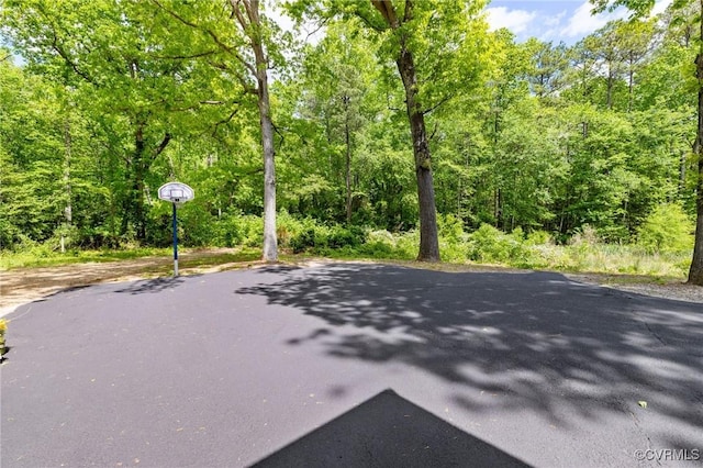 view of basketball court with community basketball court and a forest view