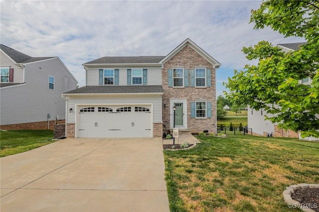 craftsman inspired home featuring a garage, stone siding, concrete driveway, and a front yard
