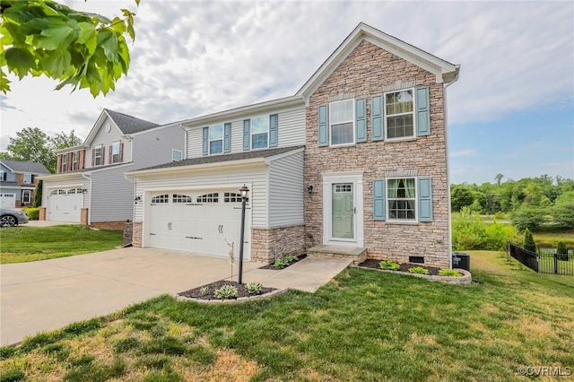 craftsman-style home with a front yard, driveway, and stone siding