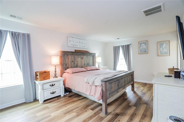 bedroom featuring visible vents, baseboards, and light wood-type flooring