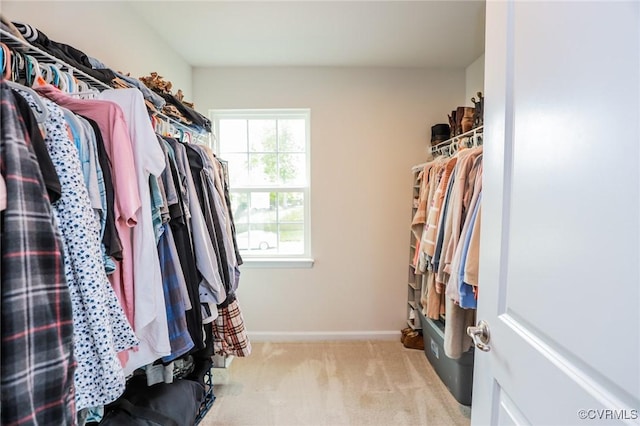 walk in closet with light carpet