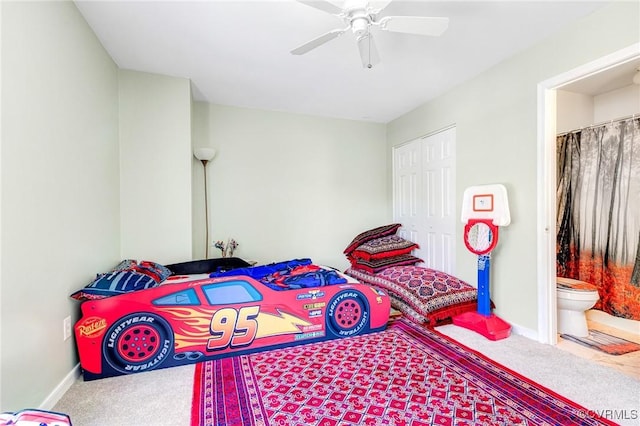 bedroom with carpet floors, baseboards, and a ceiling fan