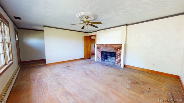 unfurnished living room featuring visible vents, wood finished floors, a fireplace, ceiling fan, and baseboard heating