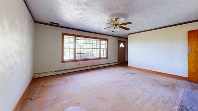 empty room with crown molding, baseboards, a baseboard radiator, and ceiling fan