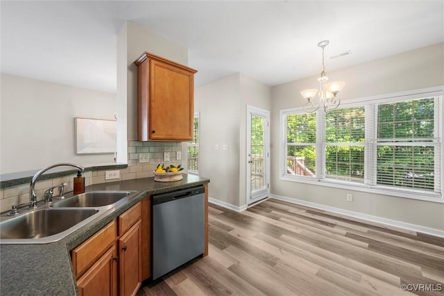 kitchen with stainless steel dishwasher, a sink, plenty of natural light, and backsplash