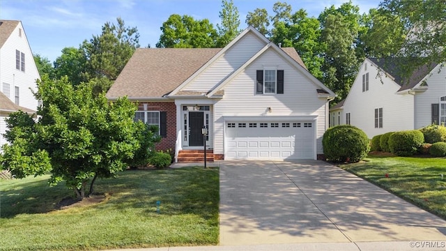 traditional-style house featuring concrete driveway, a garage, a front lawn, and brick siding