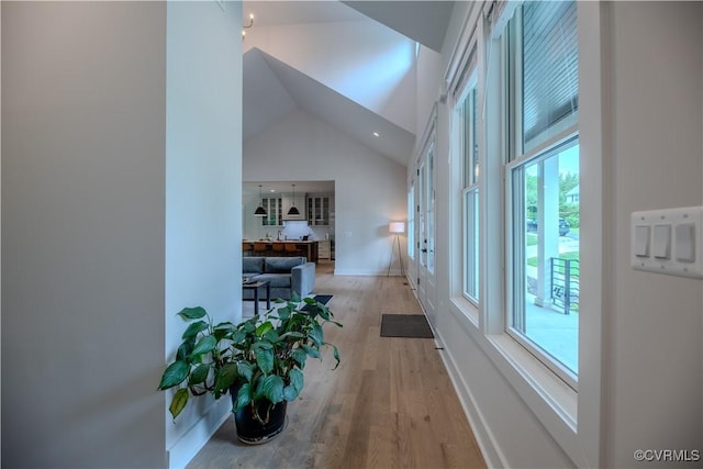 4629 Butte Rd, Richmond, VA 23235 - hall featuring high vaulted ceiling, light wood-type flooring, french doors, and baseboards