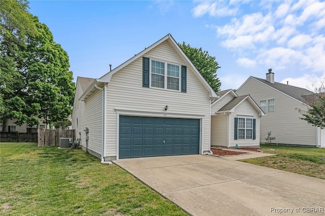 921 Hanson Dr, Newport News, VA 23602 - traditional-style home with fence, a front yard, central AC unit, concrete driveway, and an attached garage