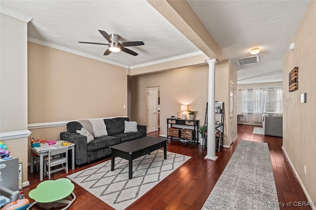 921 Hanson Dr, Newport News, VA 23602 - living area featuring a ceiling fan, dark wood-style flooring, visible vents, ornamental molding, and ornate columns