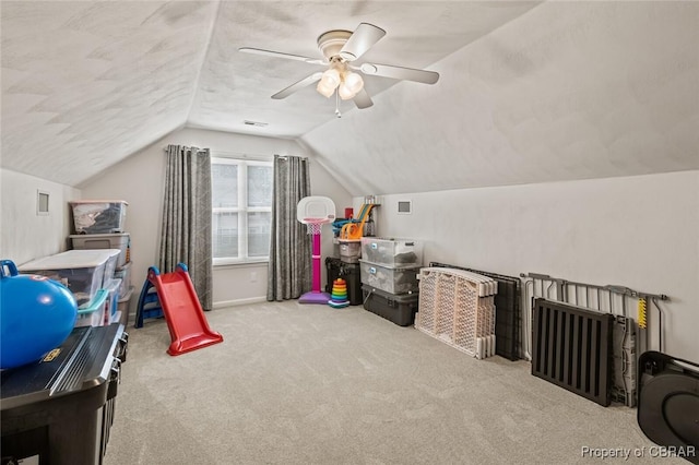 921 Hanson Dr, Newport News, VA 23602 - recreation room with carpet floors, ceiling fan, and vaulted ceiling