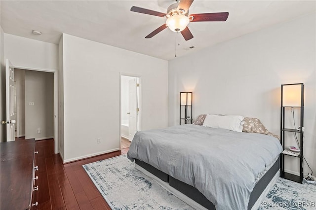 921 Hanson Dr, Newport News, VA 23602 - bedroom with visible vents, wood finished floors, baseboards, a ceiling fan, and ensuite bath