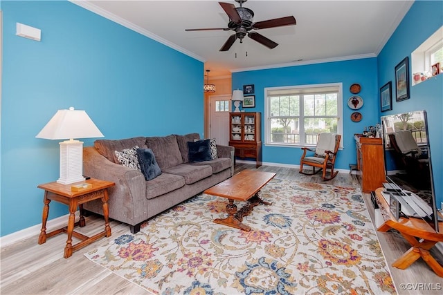 4716 Fulton St, Richmond, VA 23231 - living room with wood finished floors, ornamental molding, a ceiling fan, and baseboards