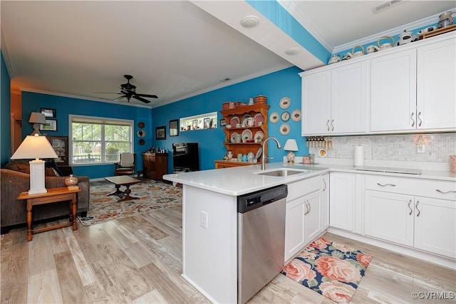 4716 Fulton St, Richmond, VA 23231 - kitchen featuring a sink, open floor plan, stainless steel dishwasher, crown molding, and a ceiling fan