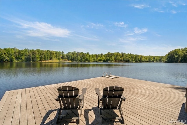 dock area featuring a water view and a forest view