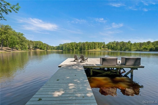 view of dock with a water view and a view of trees