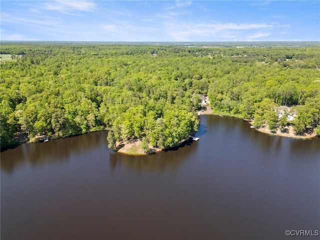 drone / aerial view with a water view and a forest view