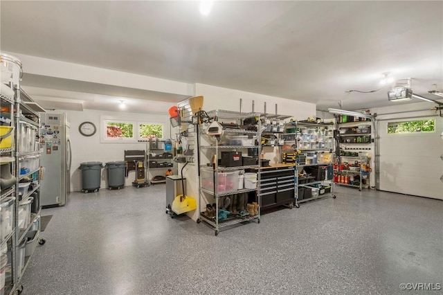garage with freestanding refrigerator