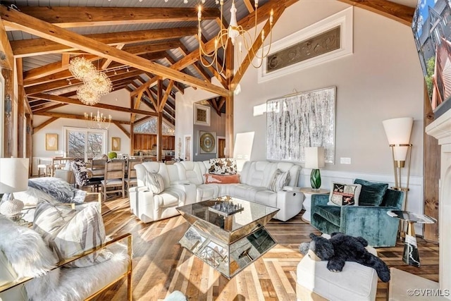 380 Blackrock Cir, Wintergreen, VA 22967 - living area with a chandelier, beam ceiling, wainscoting, high vaulted ceiling, and wood finished floors