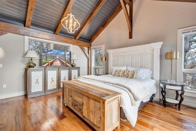 380 Blackrock Cir, Wintergreen, VA 22967 - bedroom featuring a chandelier, light wood-style flooring, a wooden ceiling with exposed beams, and high vaulted ceiling