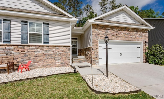 7585 Sedge Dr, New Kent, VA 23124 - view of front of home with an attached garage, stone siding, and concrete driveway