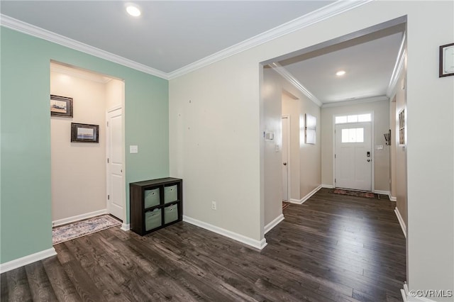 7585 Sedge Dr, New Kent, VA 23124 - foyer entrance featuring dark wood-style flooring, ornamental molding, and recessed lighting
