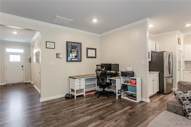 7585 Sedge Dr, New Kent, VA 23124 - office featuring dark wood-type flooring, ornamental molding, and recessed lighting