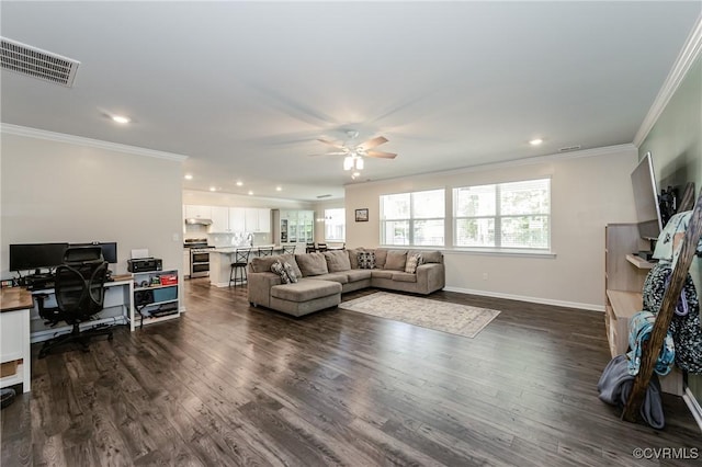 7585 Sedge Dr, New Kent, VA 23124 - living room featuring a ceiling fan, a desk, crown molding, recessed lighting, and dark wood-style floors