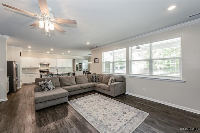 7585 Sedge Dr, New Kent, VA 23124 - living room featuring crown molding, a ceiling fan, dark wood finished floors, and recessed lighting