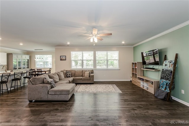 7585 Sedge Dr, New Kent, VA 23124 - living room featuring ornamental molding, plenty of natural light, ceiling fan, dark wood finished floors, and recessed lighting