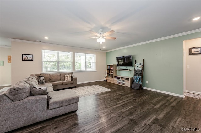 7585 Sedge Dr, New Kent, VA 23124 - living room with a ceiling fan, ornamental molding, dark wood-type flooring, and recessed lighting
