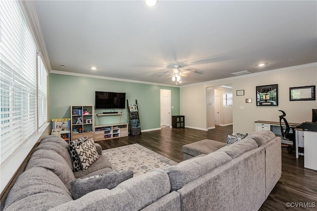7585 Sedge Dr, New Kent, VA 23124 - living area with a ceiling fan, dark wood-style floors, recessed lighting, an office area, and crown molding