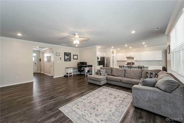 7585 Sedge Dr, New Kent, VA 23124 - living area featuring an office area, a ceiling fan, dark wood finished floors, ornamental molding, and recessed lighting