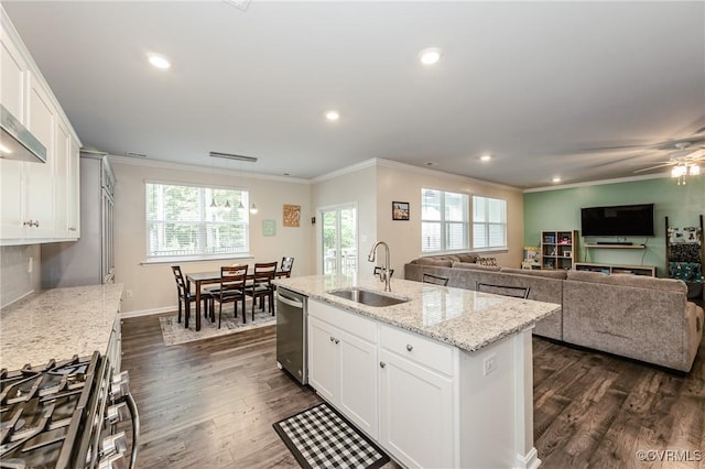 7585 Sedge Dr, New Kent, VA 23124 - kitchen with appliances with stainless steel finishes, ornamental molding, dark wood-type flooring, healthy amount of natural light, and recessed lighting